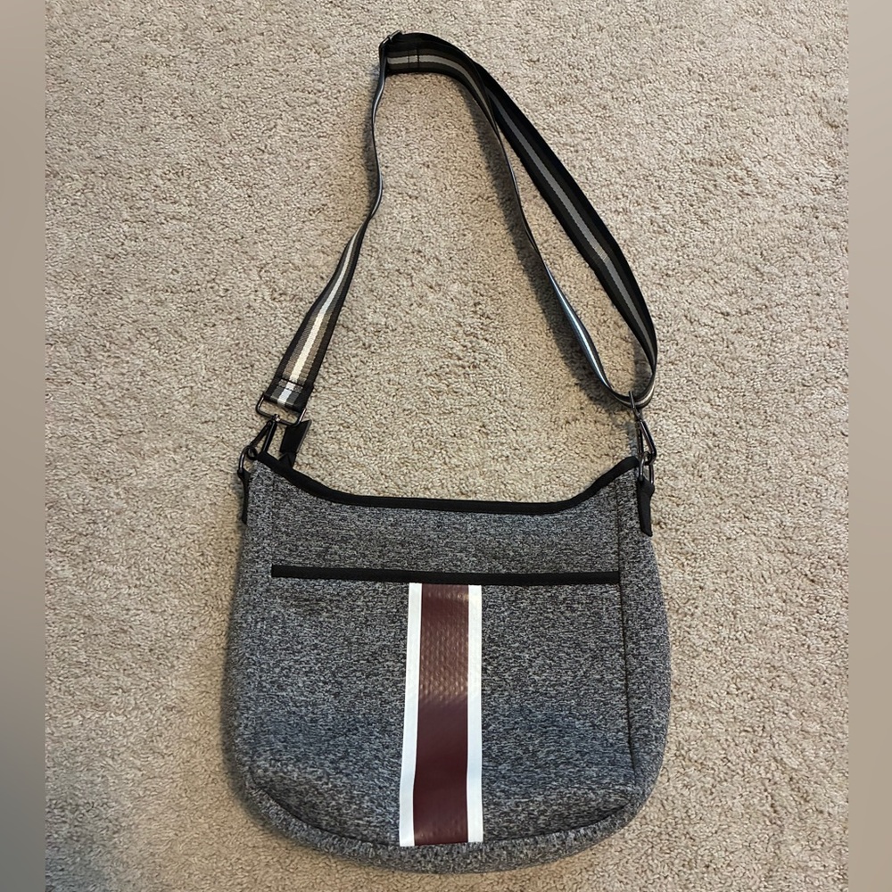 Haute Shore Neoprene Gray with Brown Stripe Crossbody Bag